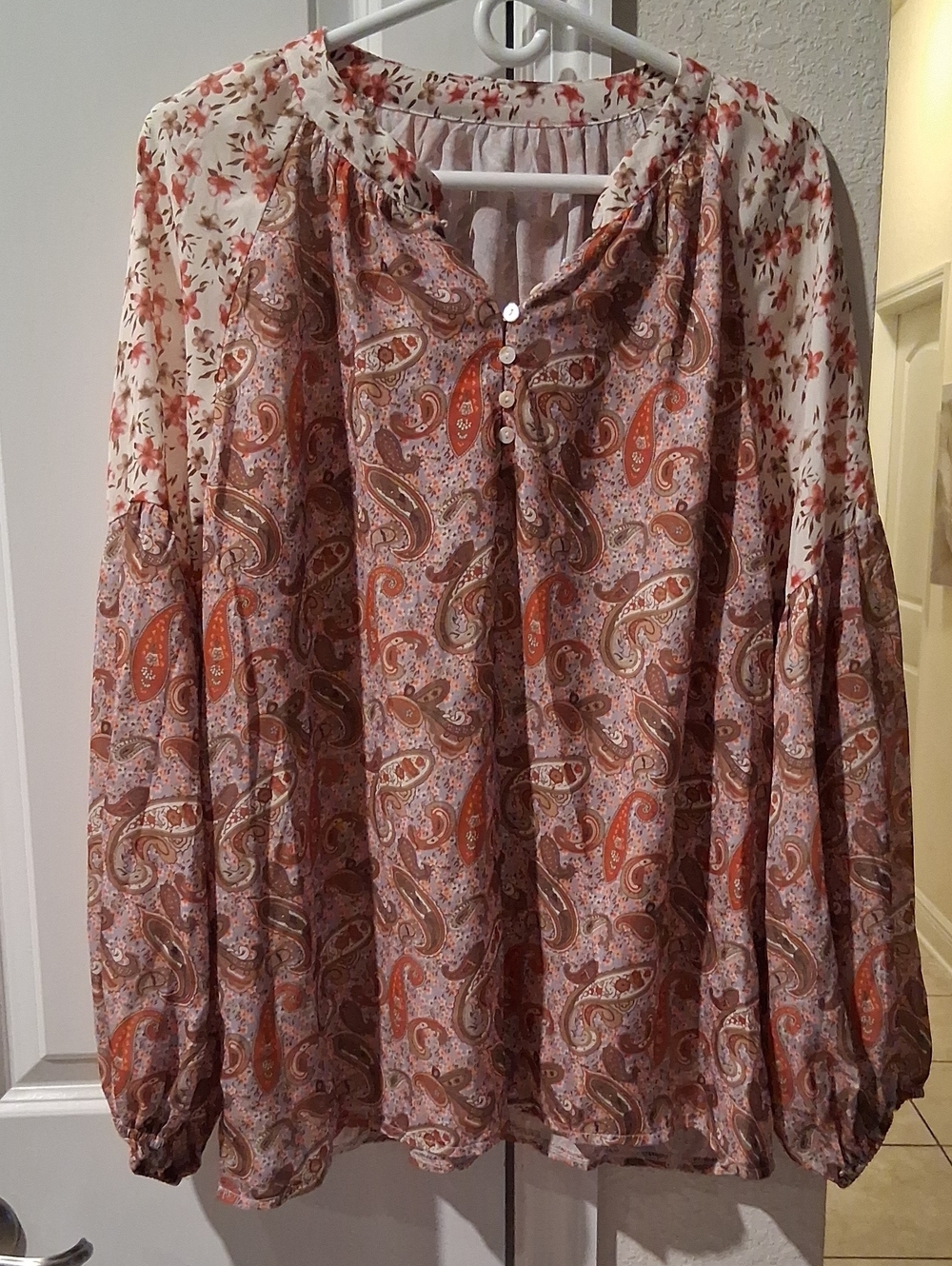 Women's Paisley Peasant Blouse in Rust and Cream